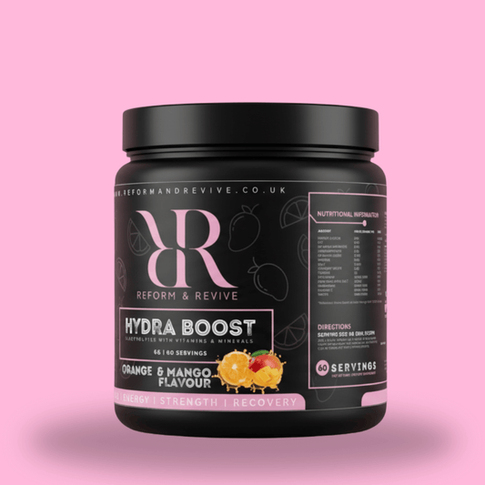 HYDRA BOOST BLEND 60 SERVINGS electrolytes 2 months supply reform and revive container pink background