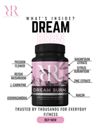 Image of the Dream Burn supplement bottle, featuring key ingredients like Ashwagandha, Reishi Mushroom, and L-Carnitine.