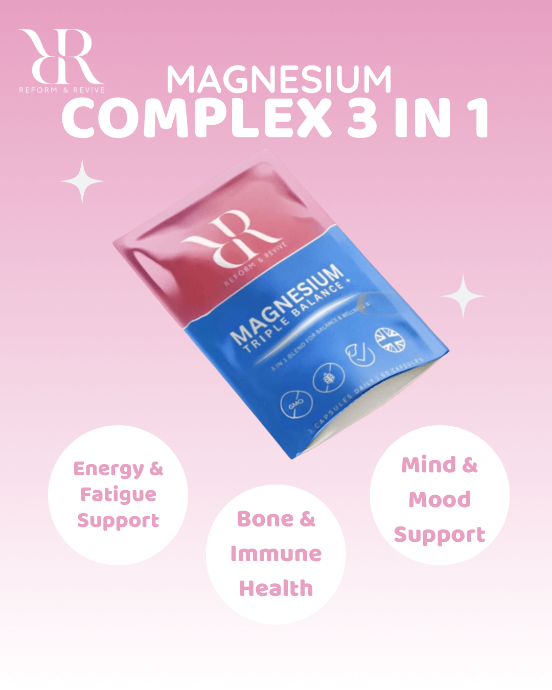 Reform & Revive Magnesium Complex 3-in-1 supplement package promoting energy, immune health, and mood support.