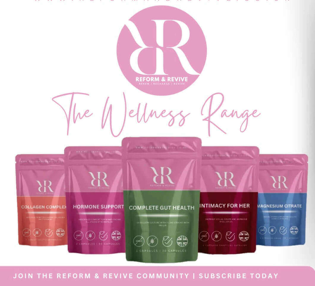 Reform & Revive Magnesium Complex 3-in-1 and wellness range product packaging displayed together.