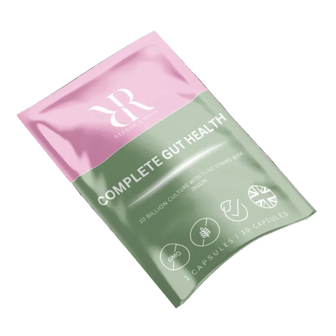 Wellness gift set featuring Complete Gut Health supplement with 10 billion cultures in sustainable packaging.