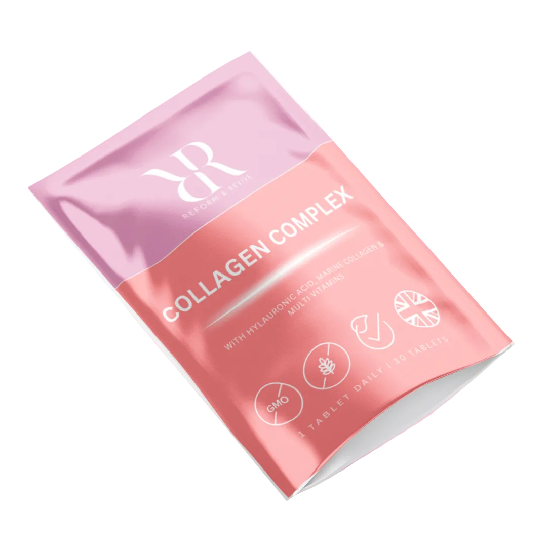 Wellness gift set featuring Collagen Complex supplement packaging with pink design and health benefits.