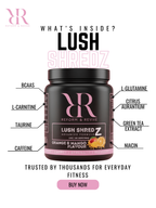Lush Shredz advanced formula container with ingredients listed for daily fitness and wellness.