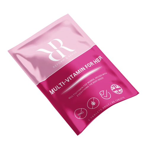 Wellness gift set featuring Reform & Revive Multi-Vitamin for Her, 60 tablets in a vibrant pink package.
