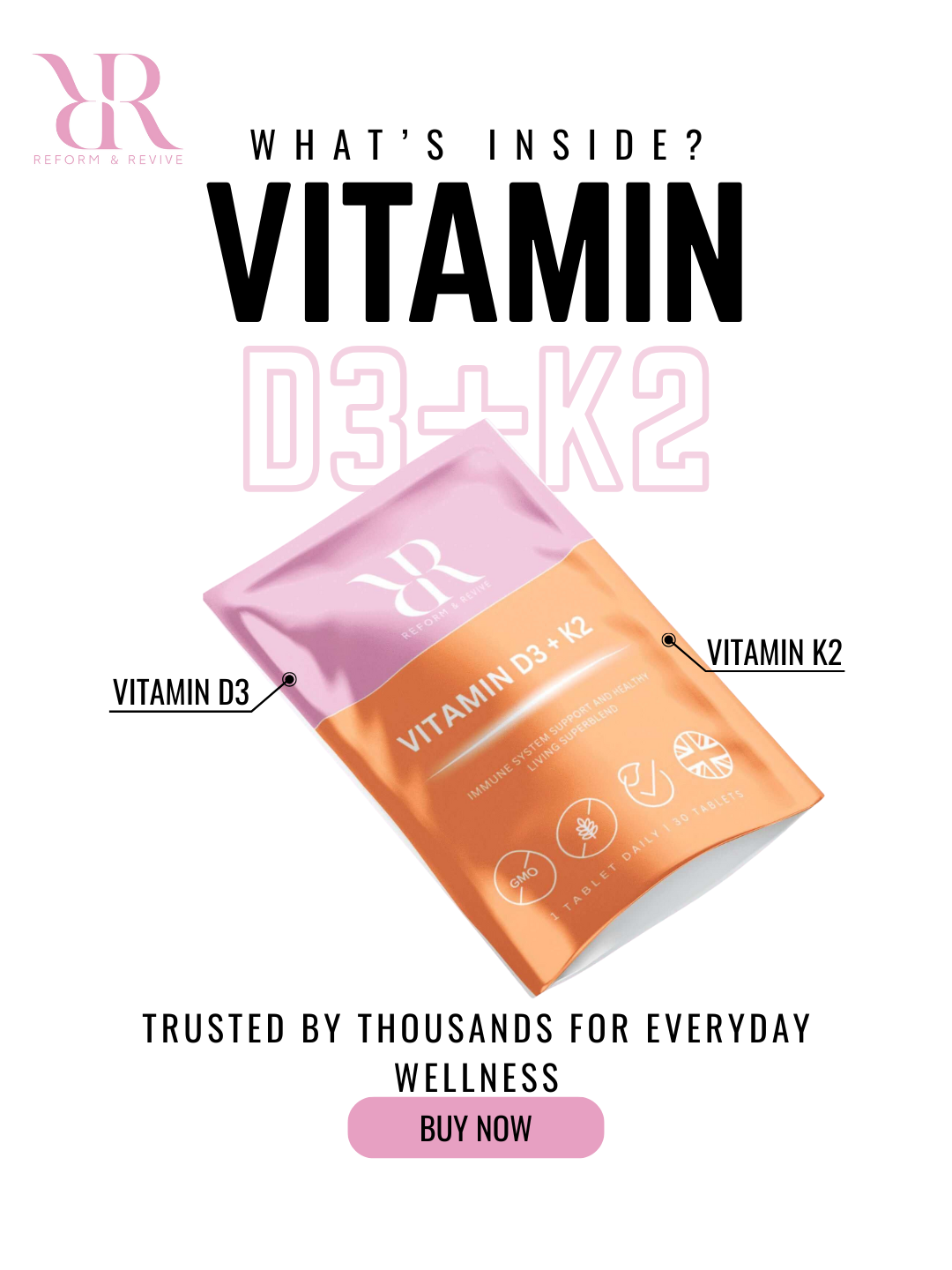 Vitamin D3 + K2 2000iu 30 tablets 1 month supply