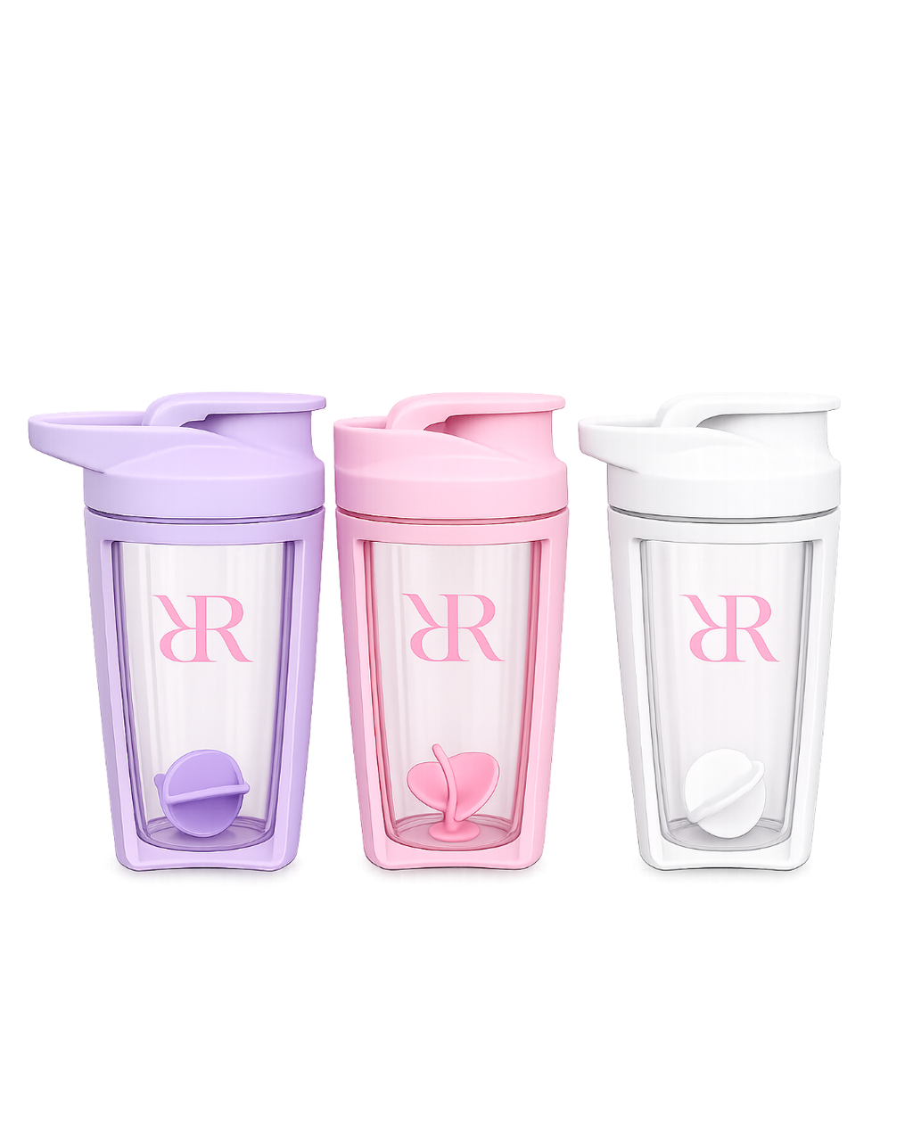 Hydration shaker and electrolyte sachet bundle featuring three stylish shakers in purple, pink, and white.