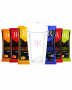 Hydration shaker and electrolyte sachet bundle with various Hydra Boost flavors and shaker bottle.