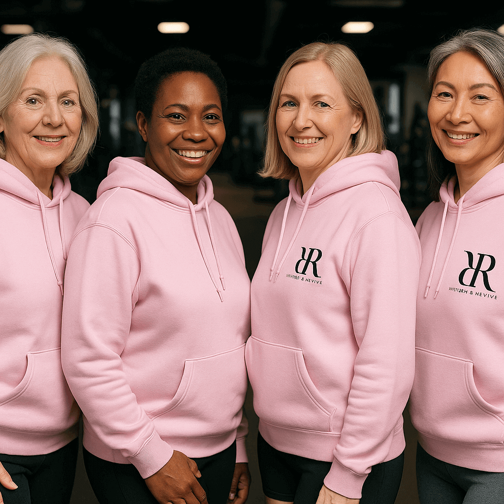 Four women in pink hoodies showcasing the Premium Yoga Set by Reform and Revive, smiling and exuding confidence.