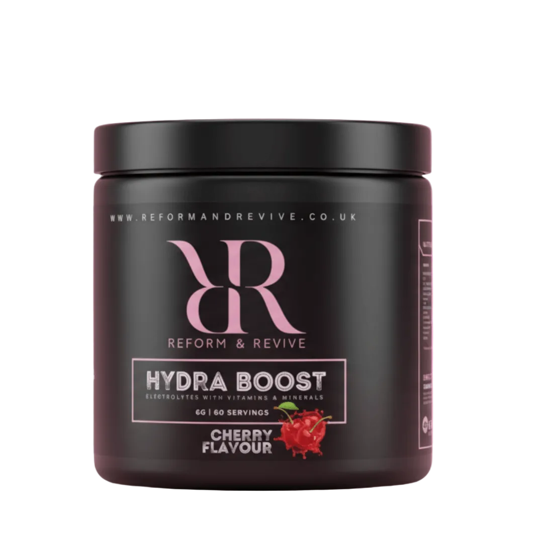 Reform & Revive hydra boost electrolytes for hydration 60 servings cherry flavor in a black container.