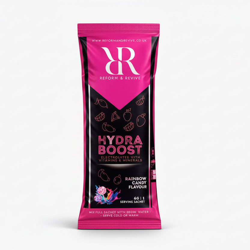 Hydra Boost electrolyte sachet with vitamins and minerals, part of hydration shaker and electrolyte sachet bundle.