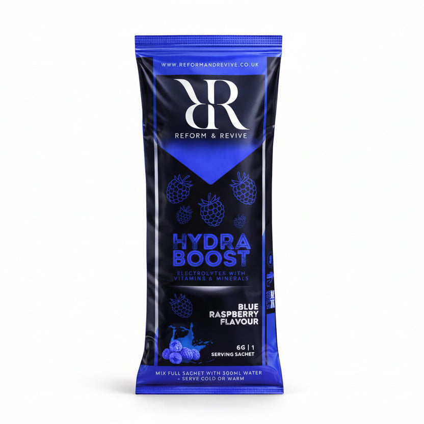 Hydra Boost Sachet 1 Serving hydration electrolyte sachet in blue raspberry flavor with electrolytes and vitamins.