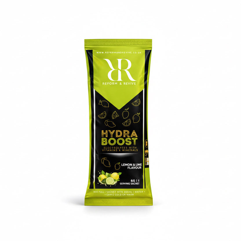Hydra Boost sachet for hydration electrolyte sachet with lemon and lime flavor, 1 serving pack.