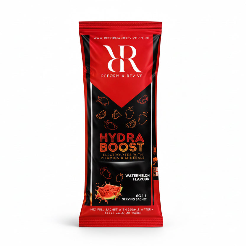 Hydra Boost sachet, hydration electrolyte sachet, watermelon flavor, vitamins and minerals, essential for hydration