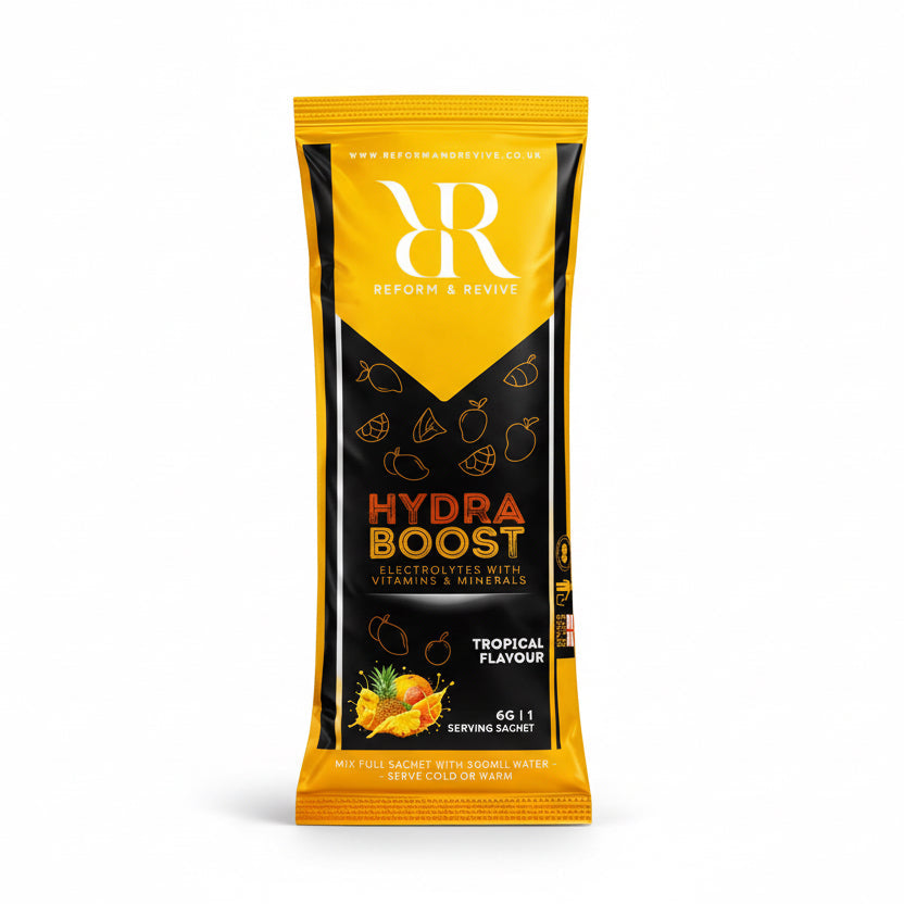 Hydration electrolyte sachet Hydra Boost with tropical flavor for optimal hydration.