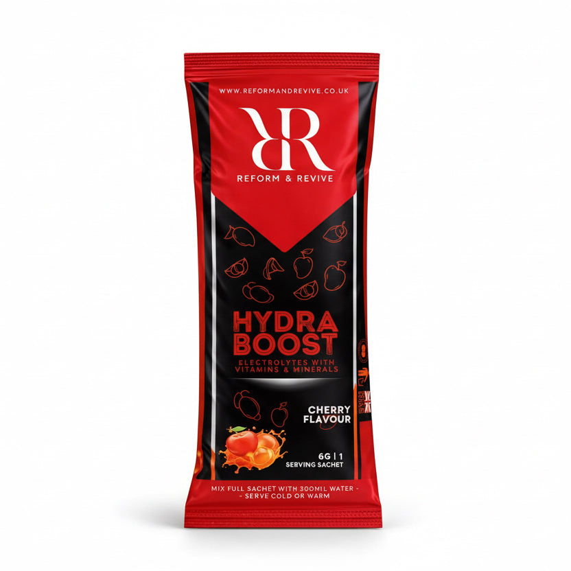 Hydra Boost sachet for hydration electrolyte sachet with vitamins and minerals in cherry flavour.