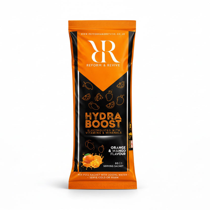 Hydra Boost Sachet 1 Serving, hydration electrolyte sachet with orange and mango flavor for optimal hydration.
