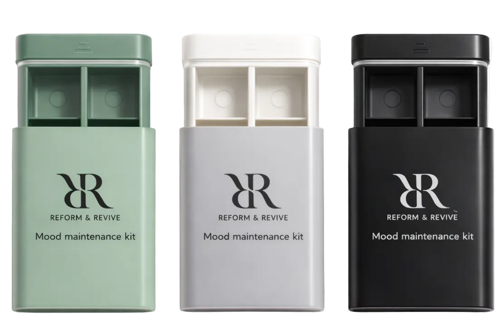 Reform & Revive Pocket Wellness Organiser for supplements in three colors: green, white, and black.