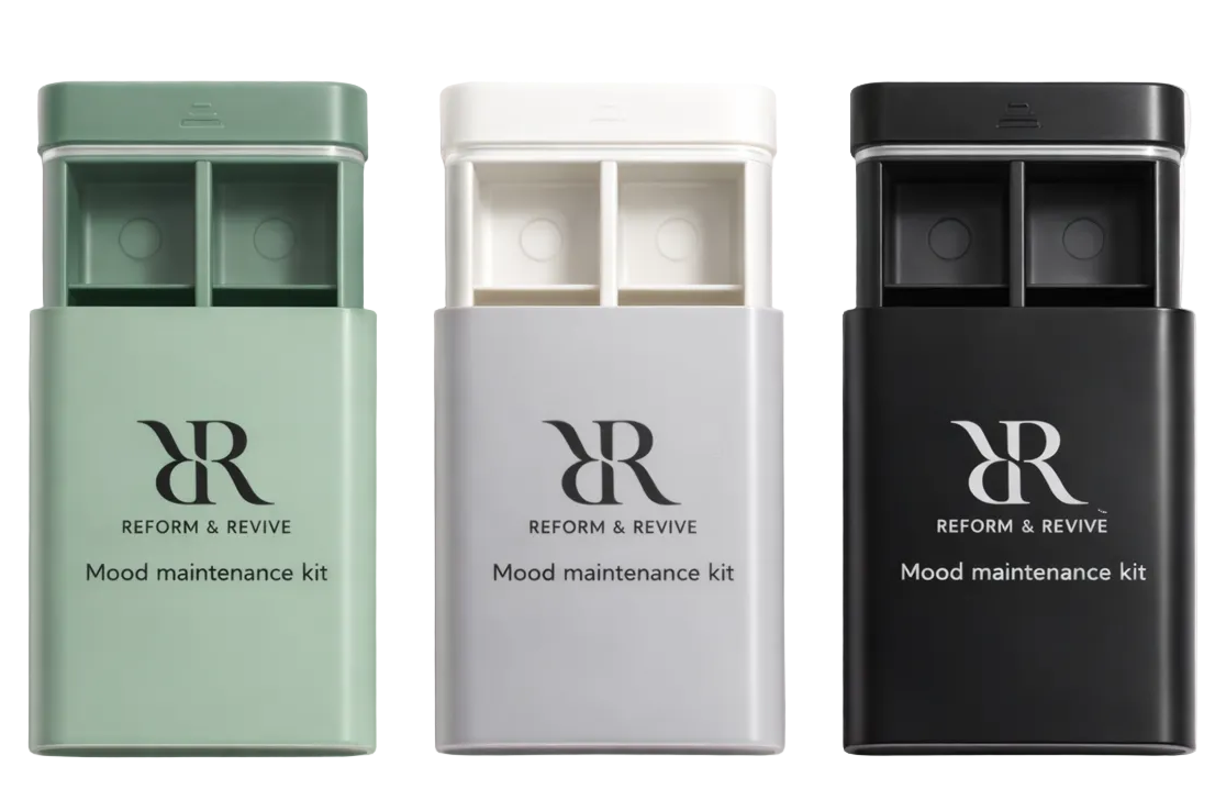 Reform & Revive Pocket Wellness Organiser for supplements in three colors: green, white, and black.