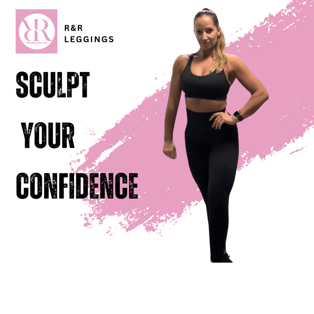 Model showcasing R&R Leggings with the phrase 'Sculpt Your Confidence' in bold lettering.