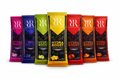 Variety of Hydra Boost zero sugar electrolyte hydration sachets in different flavors.