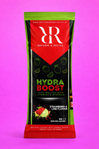 Hydra Boost sachet for hydration electrolyte sachet with strawberry and lime flavor, essential for hydration.