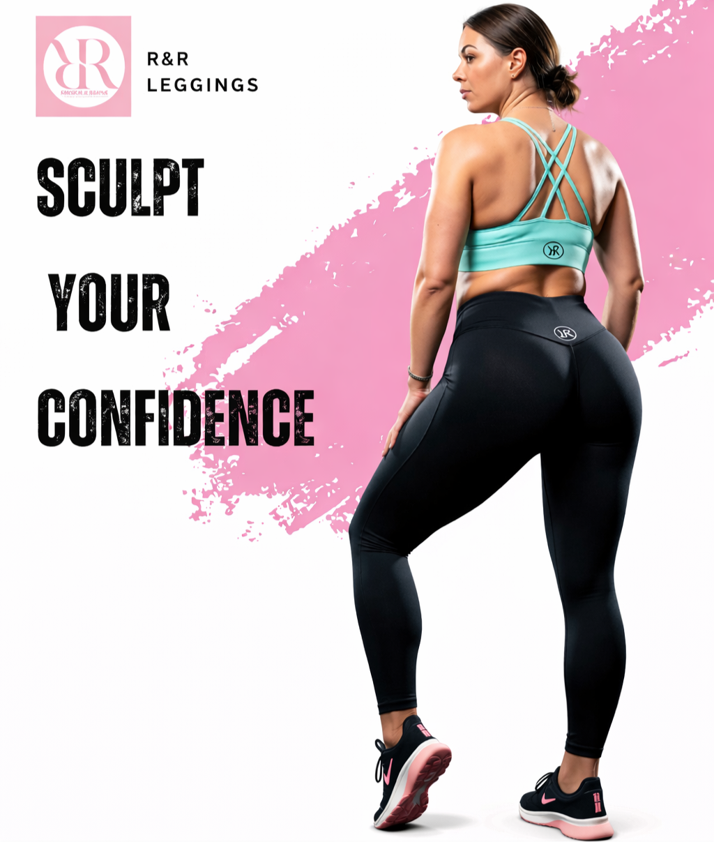 Model wearing R&R Leggings  and green sport bra showcasing a back view, highlighting comfort and style for active wear.
