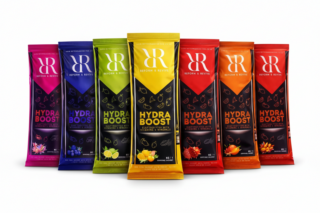 Hydration shaker and electrolyte sachet bundle featuring Hydra Boost packs in various flavors.