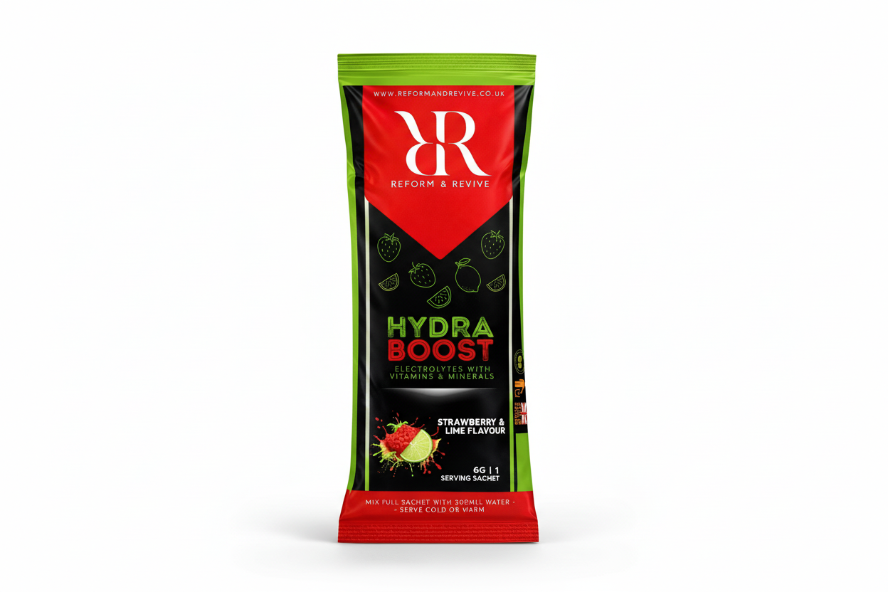 Hydra Boost zero sugar electrolyte hydration sachets in strawberry and lime flavor, ideal for hydration support.