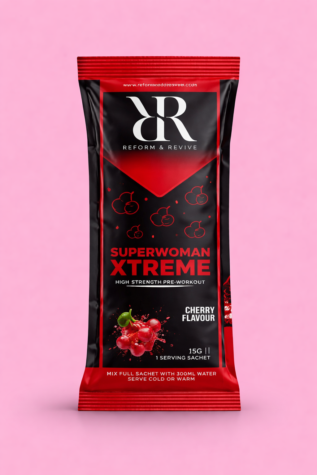 Hydration electrolyte sachet Superwoman Xtreme cherry flavor packaging on pink background.