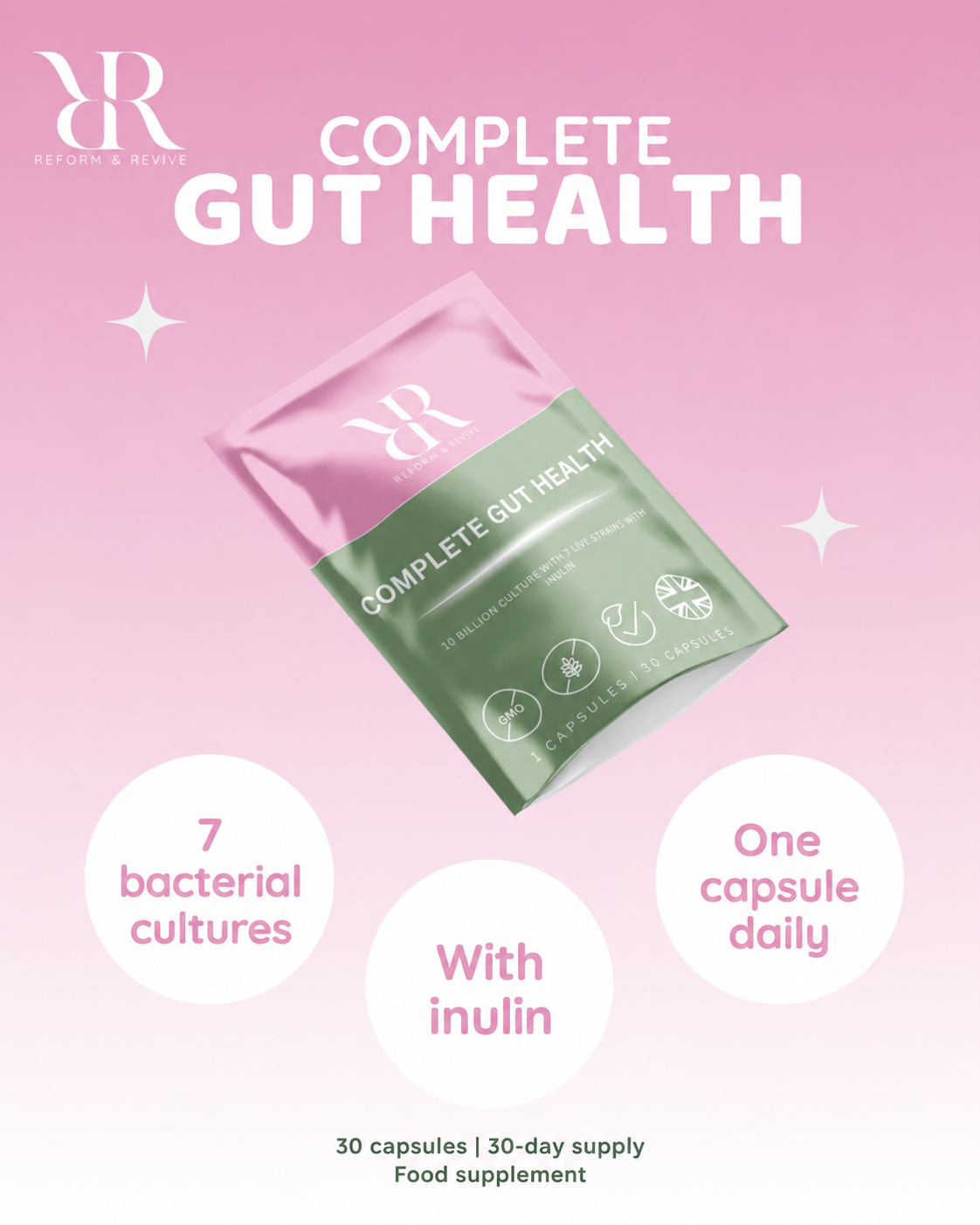 Reform & Revive Complete Gut Health pouch with seven bacterial cultures, inulin and one-capsule daily serving information. 30 capsules per pack.